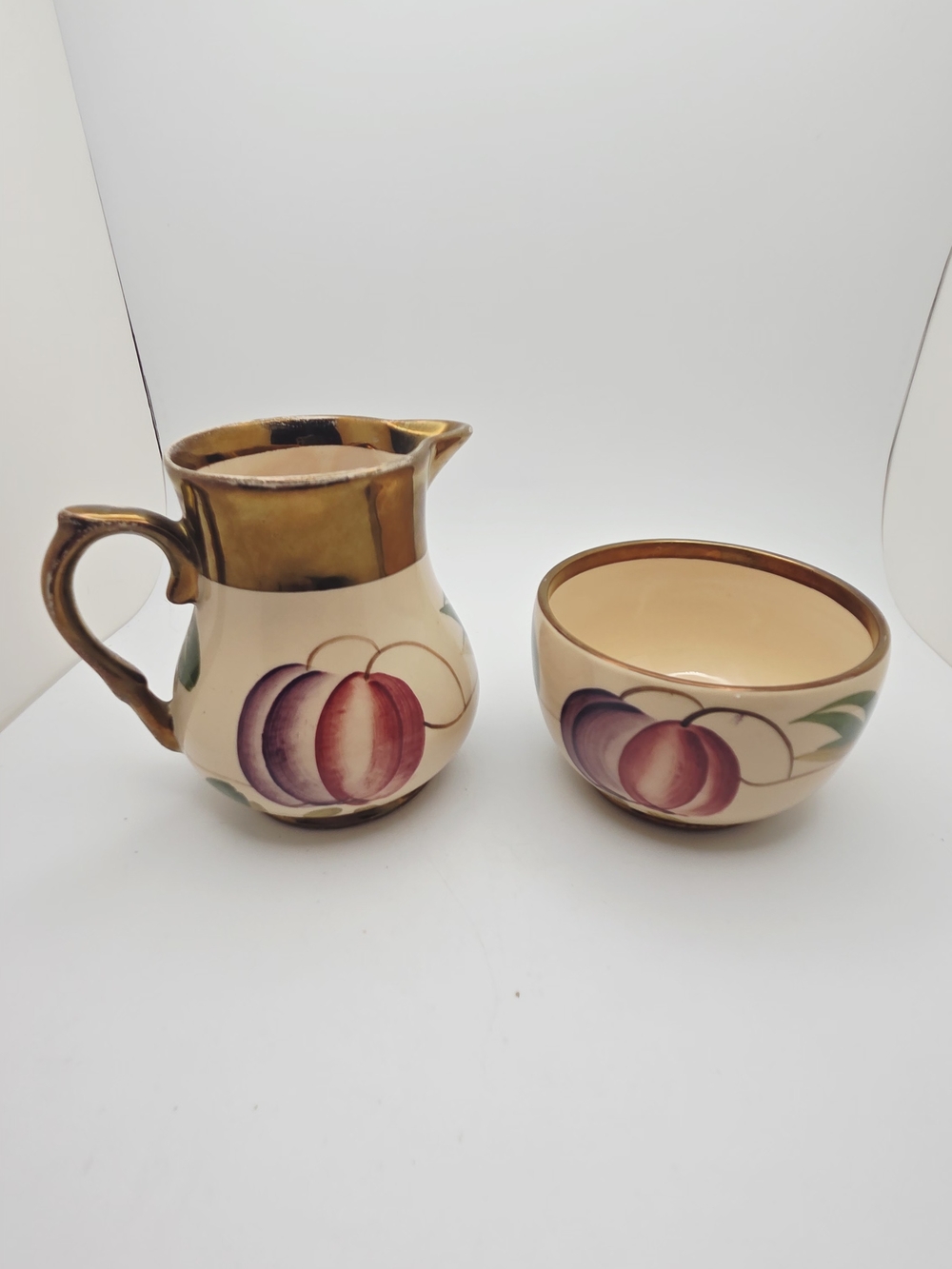 Vintage Wade England Harvest Ware Creamer and Sugar Bowl Set Copper Luster Plum